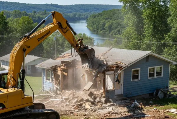 An excavator carefully demolishing a residential house in a Heath, Ohio river valley.