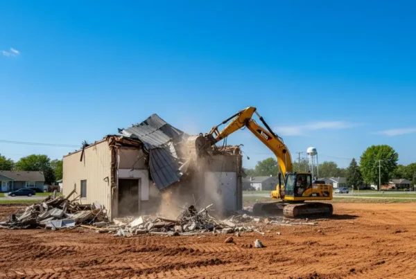 Excavator demolishing a commercial building on a flat site with clay soil in Marysville, Ohio.