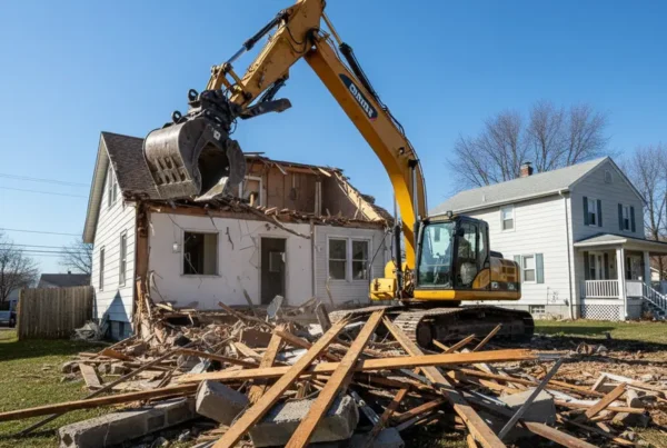 Excavator demolishing an old house on a narrow, compact residential lot in Whitehall, Ohio.