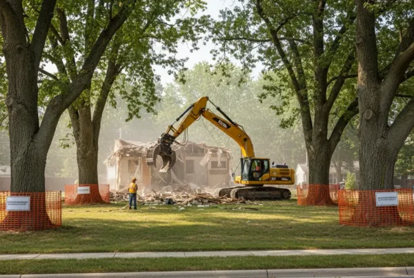 Excavator carefully demolishing a residential home in Worthington, Ohio with large trees nearby.