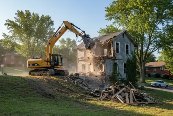 Excavator performing demolition on a house located on a steep, wooded hill in Johnstown.