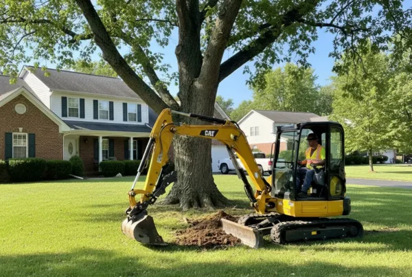 Excavator performing precise dirt work around a large mature tree on a residential lawn.