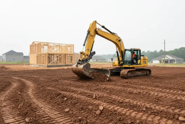 Excavator performing dirt work and grading on a clay lot in Canal Winchester, Ohio.
