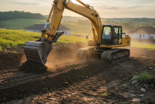 Excavator performing dirt work and grading on a sloped lot in Licking County, Ohio.