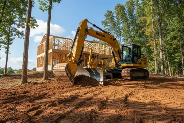 Excavator performing dirt work and grading on a residential lot in Ostrander, Ohio.
