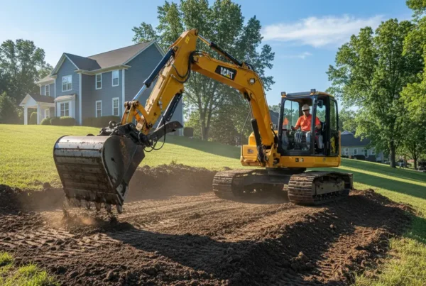 Excavator grading a sloped residential yard in a hilly Newark, Ohio neighborhood.