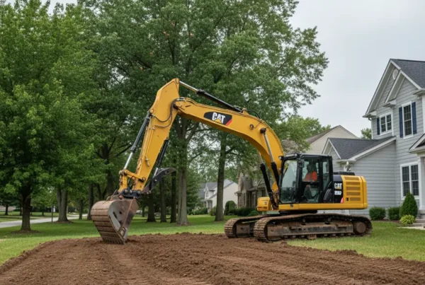 Excavator performing dirt work and grading on a residential property in Columbus, Ohio.