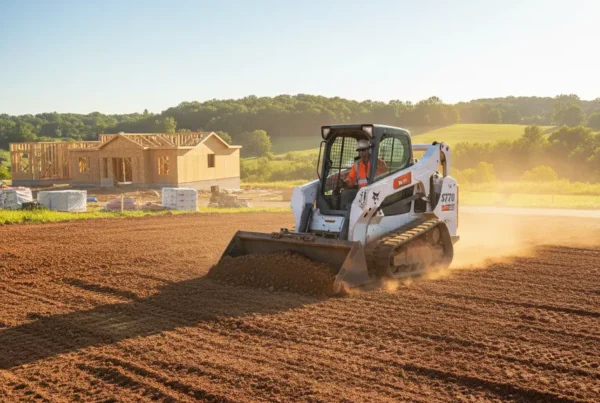 Bobcat skid steer performing professional dirt work on a residential property in Delaware, Ohio.