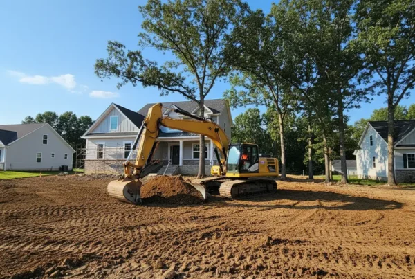 Excavator performing dirt work and grading on a sloped lot in Pickerington, Ohio.