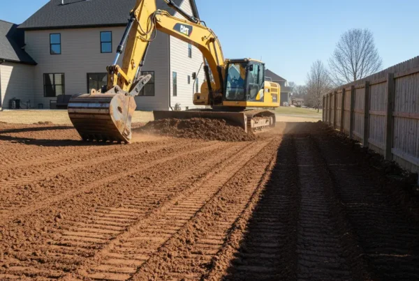 Excavator performing professional dirt work and grading on a residential property in Reynoldsburg, Ohio.