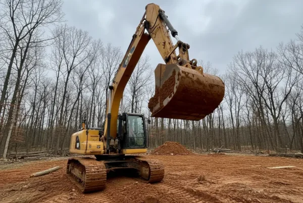 Excavator performing dirt work, digging into the unique clay soil of Hanover, Ohio.