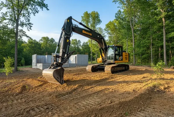 Excavator grading a sloped, wooded residential lot for a new home in Galena, Ohio.