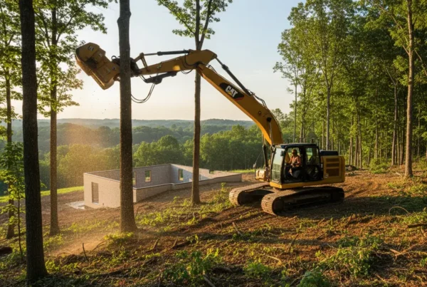 Excavator performing dirt work on a steep, wooded residential lot in Granville, Ohio.