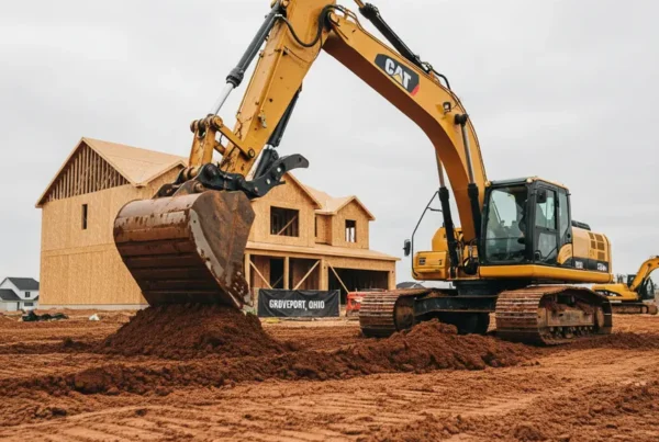 Excavator performing dirt work on a residential lot with challenging clay soil in Groveport, Ohio.