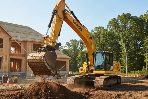 Excavator performing dirt work on a premium residential lot in Powell, Ohio with trees.
