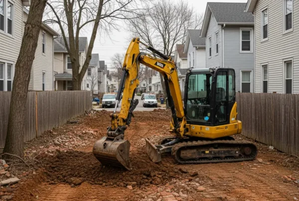 Compact excavator performing dirt work on a tight urban lot in Whitehall, Ohio.