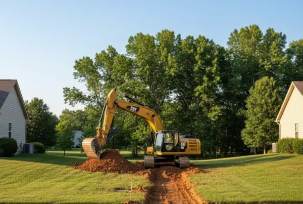 An excavator working on a residential lot with gently rolling terrain in Westerville, Ohio.