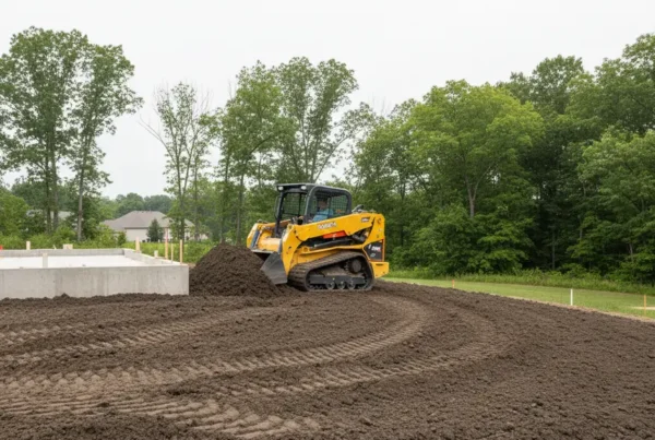 Compact bulldozer performing residential grading on heavy clay soil in Franklin County, Ohio.