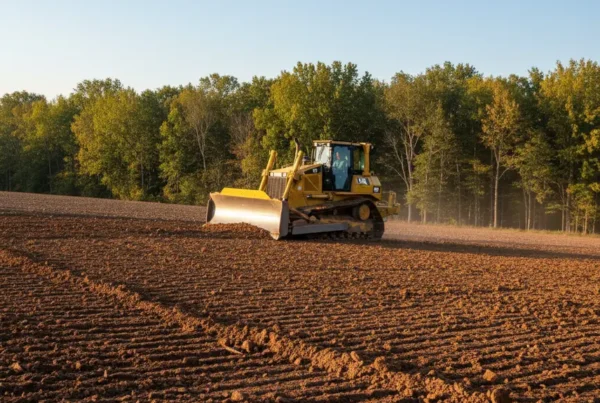 Bulldozer performing expert grading on a rural lot with clay soil in Ostrander, Ohio.