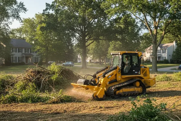 Bulldozer clearing dense brush and trees on a residential lot in Lewis Center, Ohio.