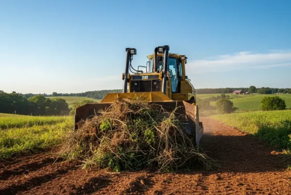 Bulldozer performing land clearing on a rural lot with clay soil in Rushville, Ohio.