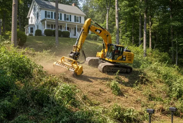 Excavator with a forestry mulcher clearing a steep, wooded lot in Granville, Ohio.