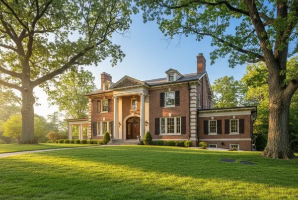 Historic Bexley home with mature trees and a freshly graded lawn for proper drainage.