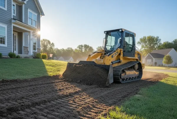 A compact bulldozer performing expert residential grading on a sloped lawn in Delaware, Ohio.