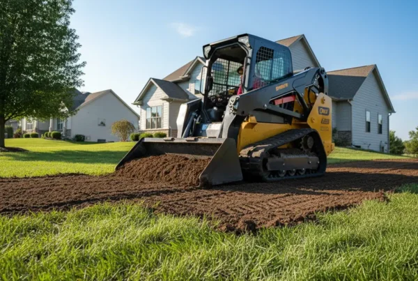 A skid steer grading a residential property with a gentle slope in Heath, Ohio.