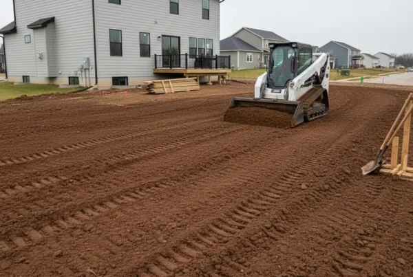 A compact track loader grading a flat residential yard in Johnstown, Ohio.