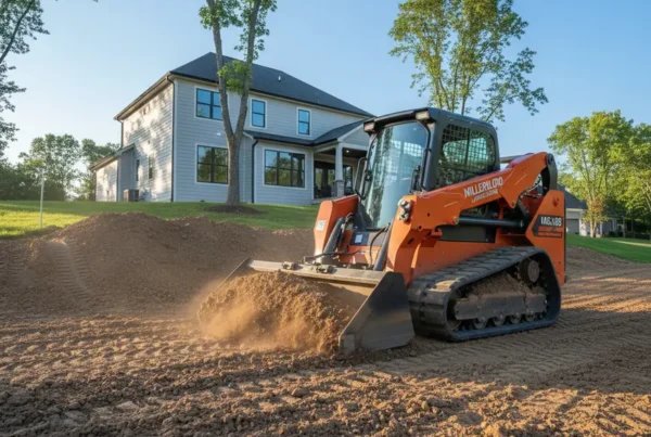 A skid steer loader grading a sloped residential yard in Millersport, Ohio.