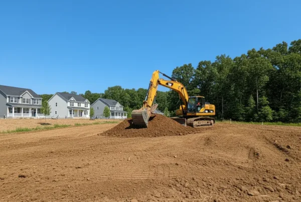 Excavator grading a residential lot on a rolling hill in Delaware, Ohio.