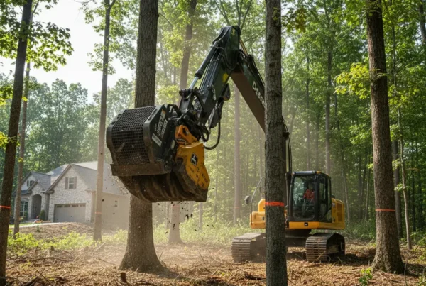 Excavator with forestry mulcher clearing a densely wooded residential lot in Lewis Center, Ohio.
