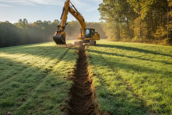 Excavator performing trenching on a steep, grassy hill in Fairfield County, Ohio.