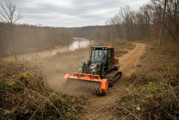Forestry mulching machine clearing overgrown land on a hillside in Delaware County, Ohio.