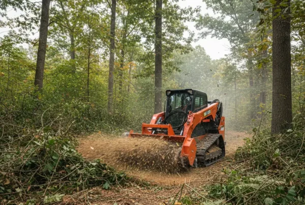 Forestry mulching machine clearing dense brush and small trees in a Central Ohio woodland.