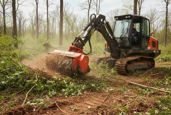 Forestry mulching machine clearing dense brush and trees on heavy clay soil in Ohio.