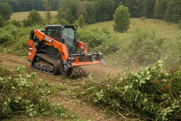 Forestry mulching machine clearing dense brush on a rolling hill in Licking County, Ohio.