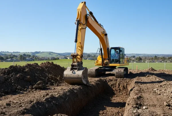Excavator digging a new home foundation in Delaware County, Ohio with clay soil.