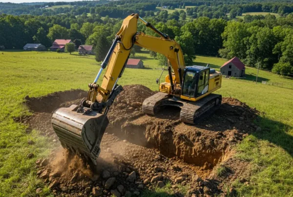 Excavator digging a foundation on a steep hill in Fairfield County, Ohio.