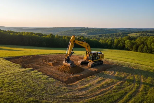 Excavator digging a new home foundation on a rolling hill in Licking County, Ohio.