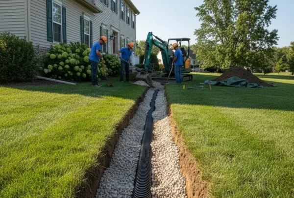 A professionally installed French drain with pipe and gravel in a trench next to a home.