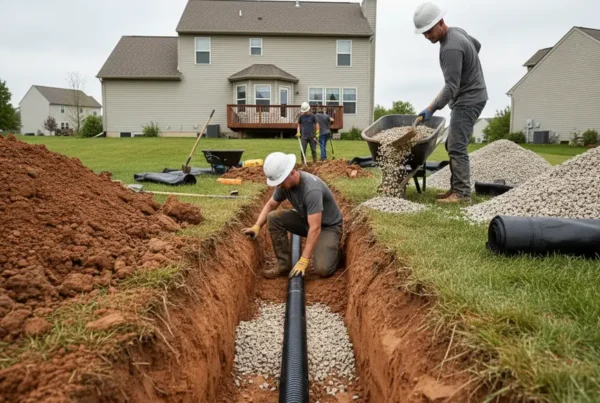 A construction crew installing a French drain in a trench showing heavy clay soil.