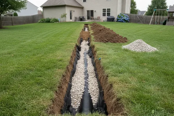 Newly installed French drain system in a Union County backyard with clay soil.