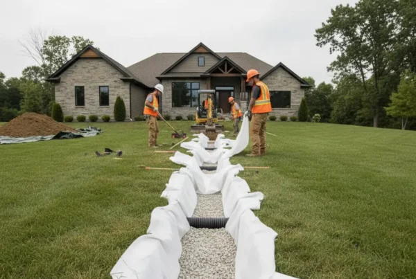Professional crew installing a French drain system in a suburban Ohio backyard.