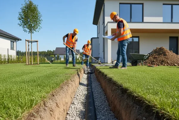 Construction crew installing a French drain with pipe and gravel next to a house.