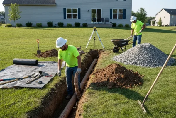 Workers installing a perforated pipe and gravel for a French drain system in Ohio.