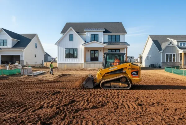 A compact track loader grading the clay soil on a flat residential lot in Plain City.
