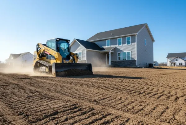 Skid steer performing residential grading work on a flat lot in Marysville, Ohio.
