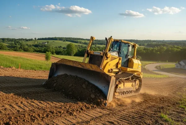 Bulldozer performing site grading on a rolling hill in Licking County, Ohio.